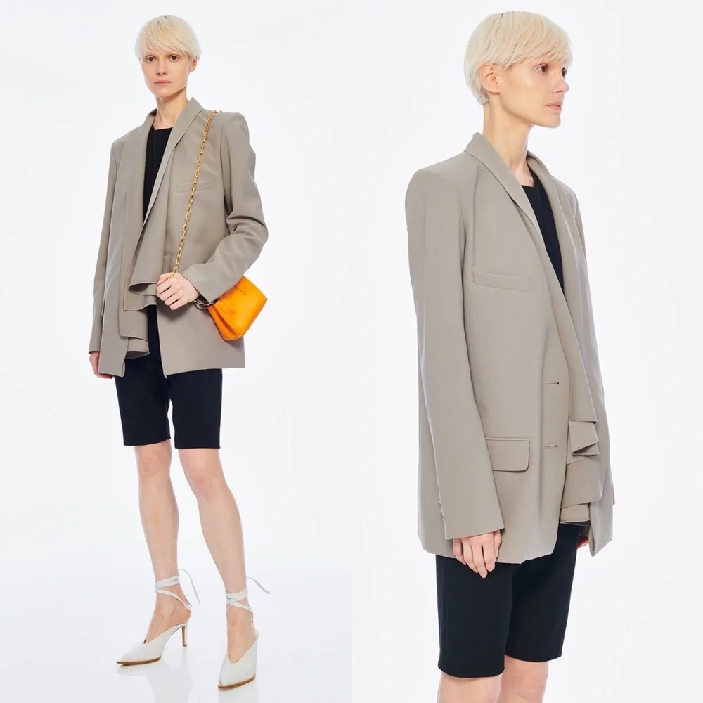 TIBI Tropical Wool Detachable Scarf Blazer Jacket in Cement Grey